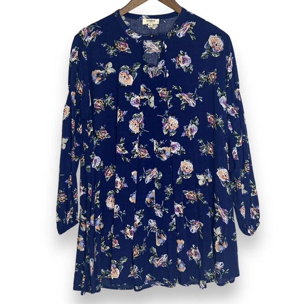 Umgee Tunic Top Navy Blue Floral Long Sleeve Cut Out Neck Babydoll Trapeze S